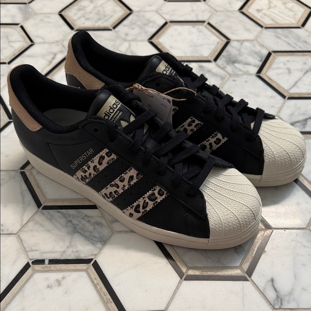 Adidas Superstar Black and Tan Leopard Sneakers